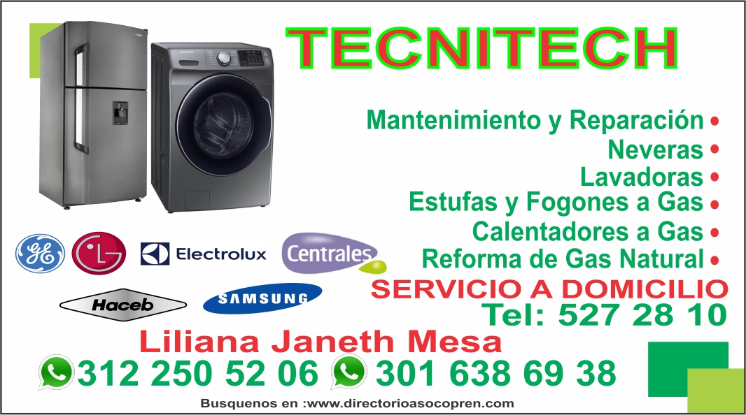 MANTENIMIENTO DE LAVADORAS Y NEVERAS TECNITECH 312 250 5206